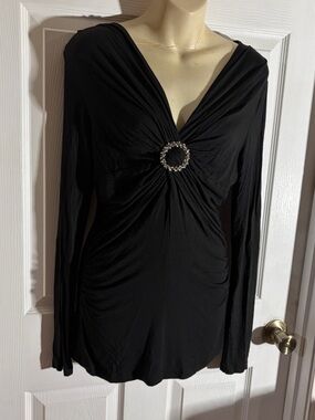Vintage Karen Kane Black Long-Sleeve V-Neck Top Rhinestone Ring Rayon Spandex M